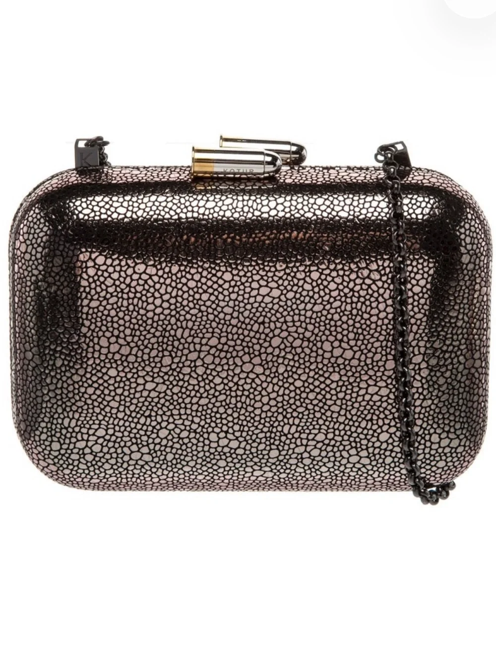 Metallic Rose Gold Pebbled Hard-Case Clutch with Chain